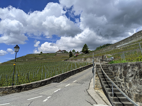 Hiking trail and steps along Sentier des Grands Jardins or trail through the Lavaux vineyards near Grandvaux Switzerland on Lake Geneva