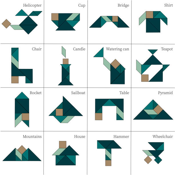 ilustraciones, imágenes clip art, dibujos animados e iconos de stock de tangram juego de rompecabezas esquemas con diferentes objetos - tangram casa