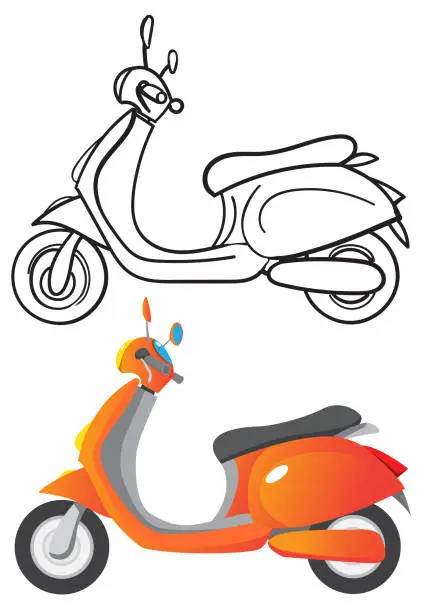 Vector illustration of Vector illustration of scooter, outline black and white sketch and color version