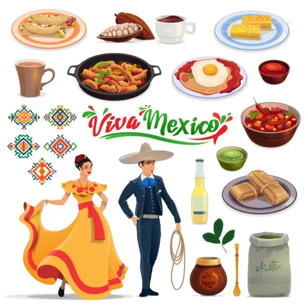 Vector illustration of Mexican food, ornaments and carnival costumes