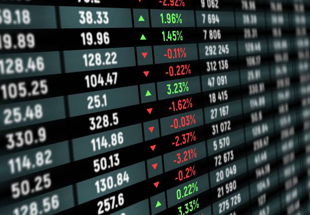 börsenboard mit marktindex-graph-chart - nasdaq financial occupation chart trader stock-grafiken, -clipart, -cartoons und -symbole
