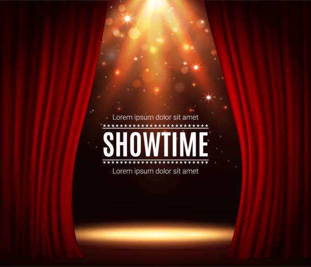 Stage with red curtains, theater scene background Stage with red curtains, theater scene vector background with spotlight illumination and sparkles. Showtime poster for performance, music show or concert with realistic 3d red curtains and light glow comedian stock illustrations