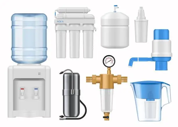 Vector illustration of Household water filters cartridges and cans mockup