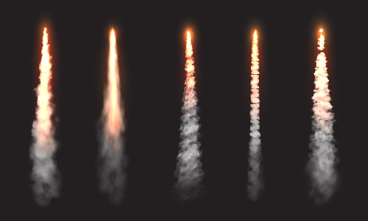 Rocket fire smoke trails, spacecraft startup launch clouds. Vector space jet fire flames, airplane or shuttle straight contrails in sky, realistic 3d design elements set isolated on black background