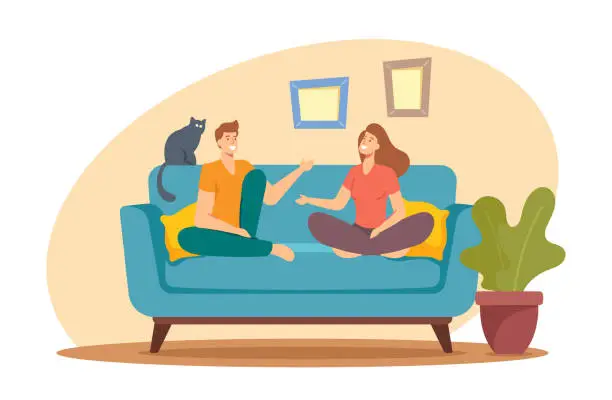 Vector illustration of Young Man and Woman Characters Sitting on Sofa at Home Having Active Conversation. People Chatting, Discussing, Family