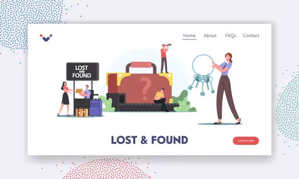 Vector illustration of Lost and Found Landing Page Template. Travelers Characters Claim Baggage on Airport Conveyor Belt. Upset Passengers