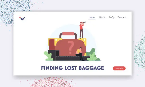Vector illustration of Finding Lost Baggage Landing Page Template. Upset Passenger Lose Suitcase at Conveyor. Man with Spyglass Search Luggage