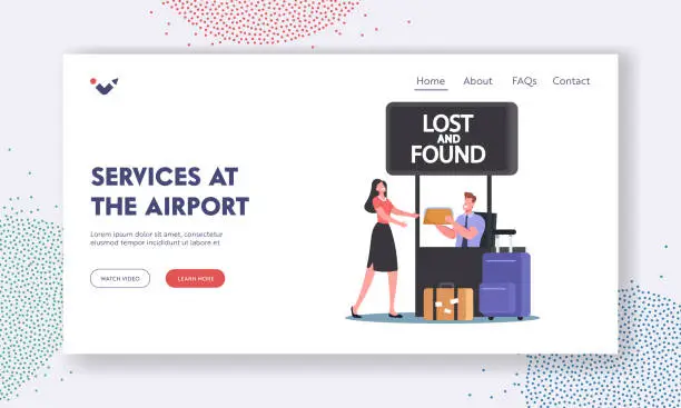 Vector illustration of Airport Service Landing Page Template. Traveler Woman Claim Bag in Lost and Found Office. Passenger Lose Baggage