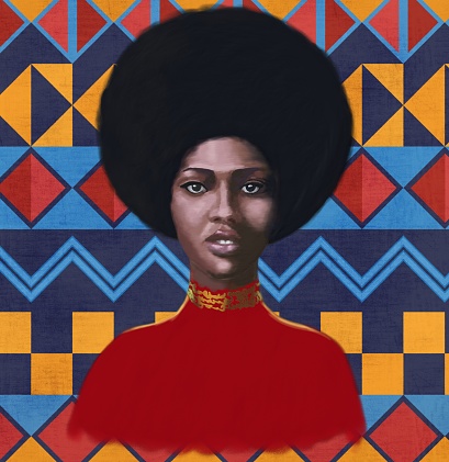 Portrait of a young woman of African style Falashi. The girl is depicted full face against the background of traditional geometric African ornament. The gaze is focused and directed towards the viewer. Embossed brushstroke technique