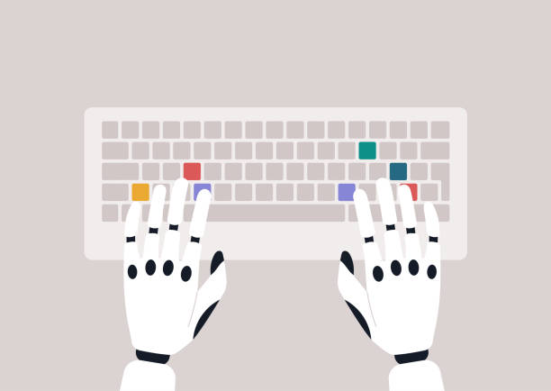 ilustrações, clipart, desenhos animados e ícones de uma visão superior das mãos robóticas digitando em um teclado, conceito de aprendizado de máquina, tecnologias futuristas - robótica