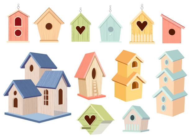 illustrazioni stock, clip art, cartoni animati e icone di tendenza di set di case per uccelli in legno, casette colorate per uccelli appese alla catena, casa o nido con tetto, foro rotondo o a forma di cuore - birdhouse