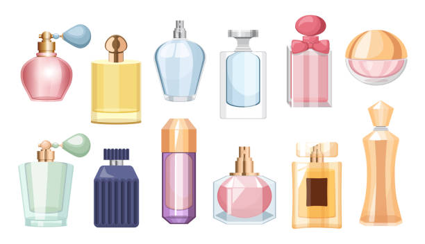 ilustrações, clipart, desenhos animados e ícones de conjunto de garrafas de perfume, frascos de vidro coloridos e frascos com pulverizador e bomba. aroma scents cosméticos para homens ou mulheres - borrifador de perfume