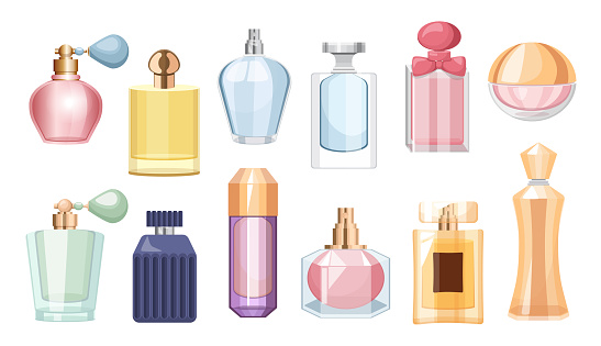 Set of Perfume Bottles, Colorful Glass Vials and Flasks with Sprayer and Pump. Aroma Scents Cosmetics for Men or Women, Luxury Fragrances Isolated Design Elements. Cartoon Vector Illustration, Icons
