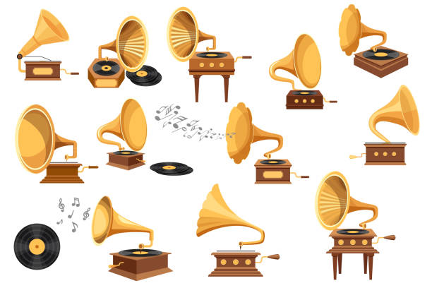 Set Gramophone Player, Phonograph and Vinyl Disks, Antique Equipment for Listening Music, Isolated Classic Audio Players Set Gramophone Player, Phonograph and Vinyl Disks, Antique Equipment for Listening Music, Isolated Vintage Classic Audio and Sound Player and Melody Tunes Elements. Cartoon Vector Illustration, Icons gramophone stock illustrations