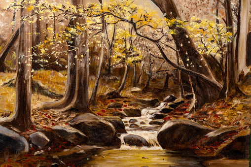 Vintage oil painting depicting a blooming tree and a rocky creek in the middle of the forest.