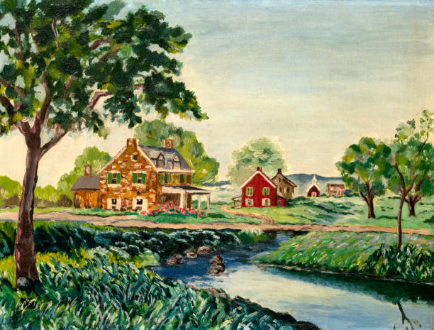 Impressionist vintage oil painting depicting a village houses and a stream.