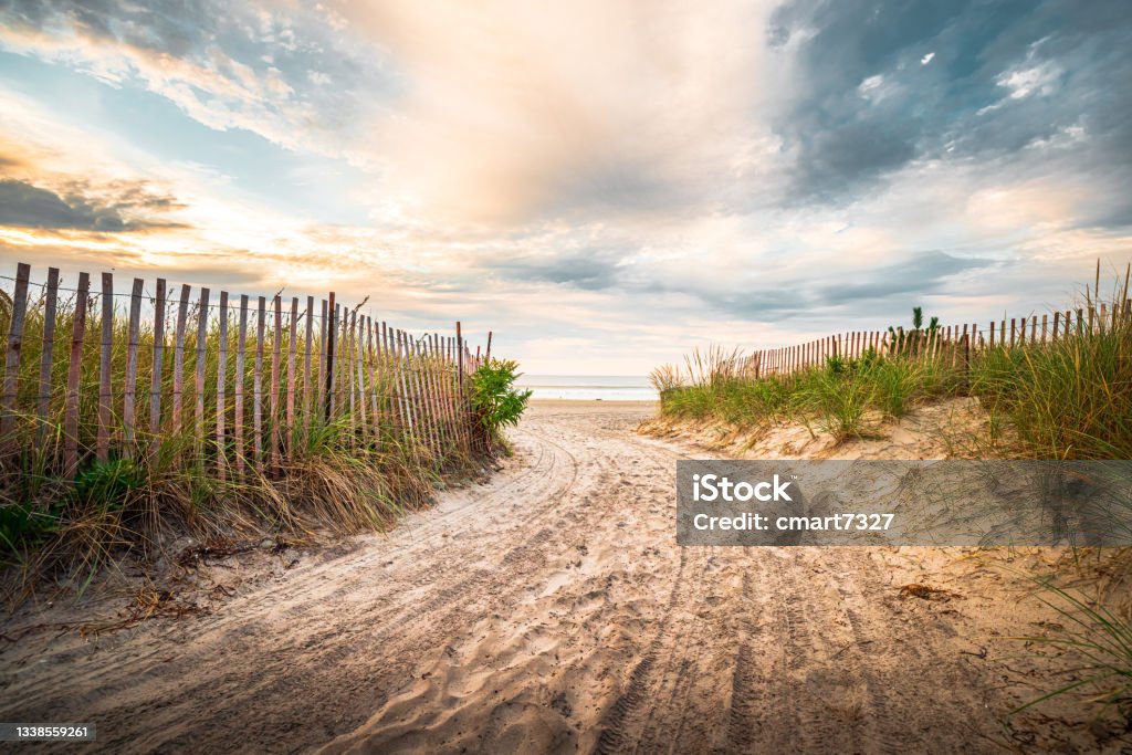 Beach Walkway Beach path in Narragansett, Rhode Island. Early morning. Beach Stock Photo