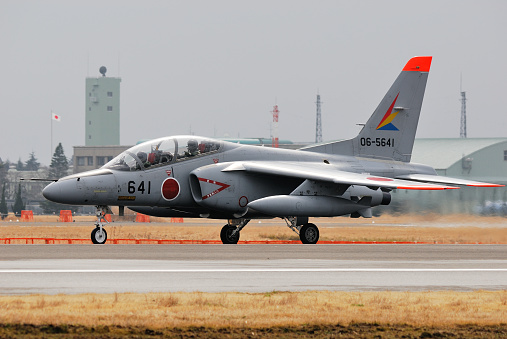 Ibaraki, Japan - February 24, 2009:Japan Air Self-Defense Force Kawasaki T-4 training aircraft.