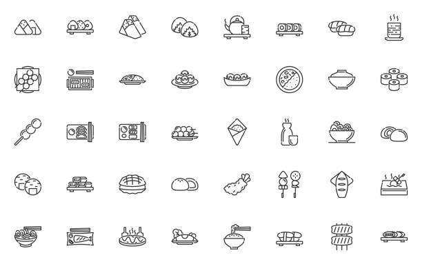 set of japanese food line icons, restaurant, asian cuisine set of japanese food line icons, restaurant, asian cuisine japanese food icon stock illustrations