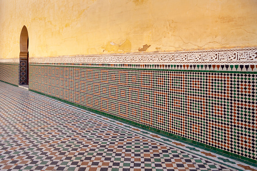 Interior of the mausoleum of Moulay Ismail in Meknes, Morocco. It contains the tomb of Sultan Moulay Isma'il, who ruled Morocco from 1672 until his death in 1727.