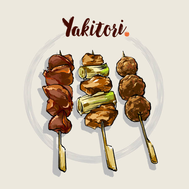 hand-drawn vector illustration of japanese grill skewered chicken, yakitori. color painting style. - yakitori stock illustrations