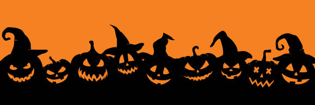 illustrations, cliparts, dessins animés et icônes de silhouette de citrouilles dans des chapeaux de sorcière. bannière simple d’halloween avec jack o lantern. - jock olantern