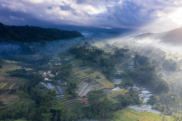 воздушный пейзаж деревни сидемен на бали индонезия - sidemen стоковые фото и изображения