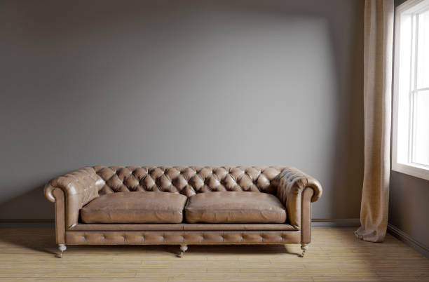 istock Classic sofa with gray wall interior and curtain window beside. 3D render 1338584044