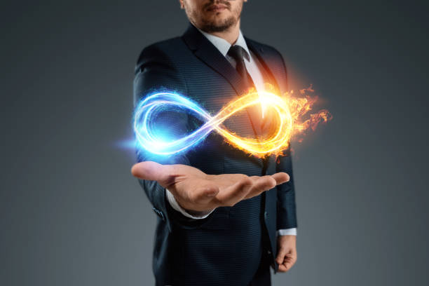 istock Businessman showing infinity sign, Fire ice sign on gray background 1338585024