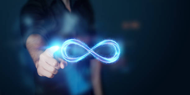istock Businessman showing infinity sign, Fire ice sign on gray background 1338585029