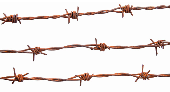 Continuous length of rusty barbed wire – cropped into seperate parts which can be easily tiled into one long image.