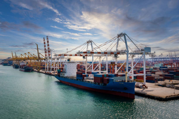 istock Containers ship and shipping ports logistic freight load unloading by crane forwarding industry import export international worldwide, business services transportation of goods in ocean waters Asia Pacific and Europe photograph aerial view from drone 1338592078