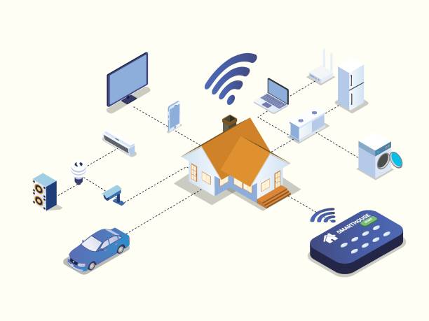 illustrazioni stock, clip art, cartoni animati e icone di tendenza di sistema di controllo della casa intelligente con connessione wireless - domotica