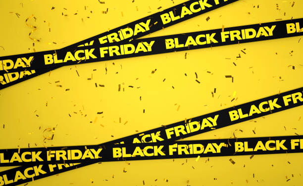 Black Friday Written Black Ribbons over Yellow Background Black Friday Written Black Ribbons over Yellow Background with confetti. Black Friday Concept. black friday sale banner stock pictures, royalty-free photos & images