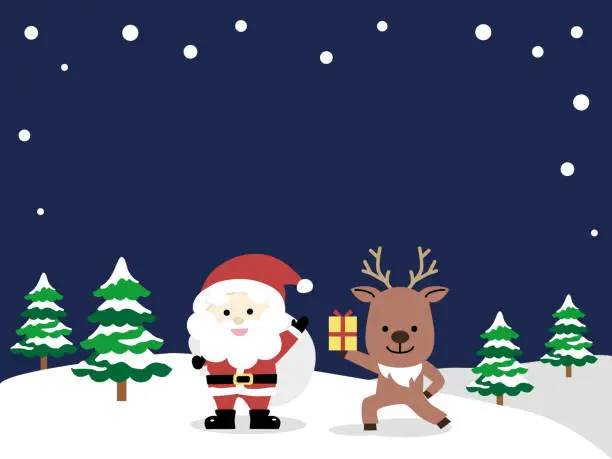 Vector illustration of Santa and reindeer in a snowy landscape.