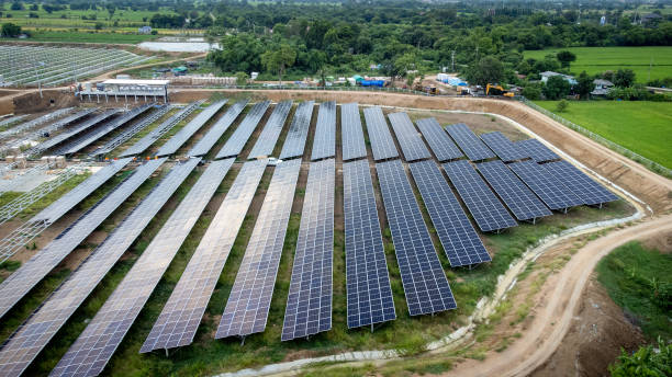 istock Aerial view over a modern solar farm 1338598009