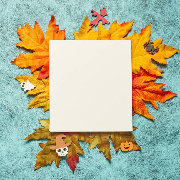 istock Halloween holiday on cobweb background with white leaf and leaf, pumpkin, ghost, scarecrow, skull, witch 1338600580