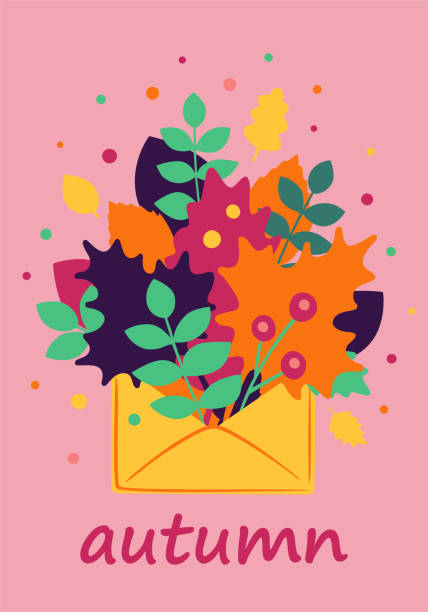 ilustrações de stock, clip art, desenhos animados e ícones de decorative beautiful autumn card in сartoon flat style. autumn leaves and berries in a envelope. the concept of enjoying the beautiful autumn. colorful vector template for card, cover, flyer, poster, banner,  placard. - background cosy beauty close up