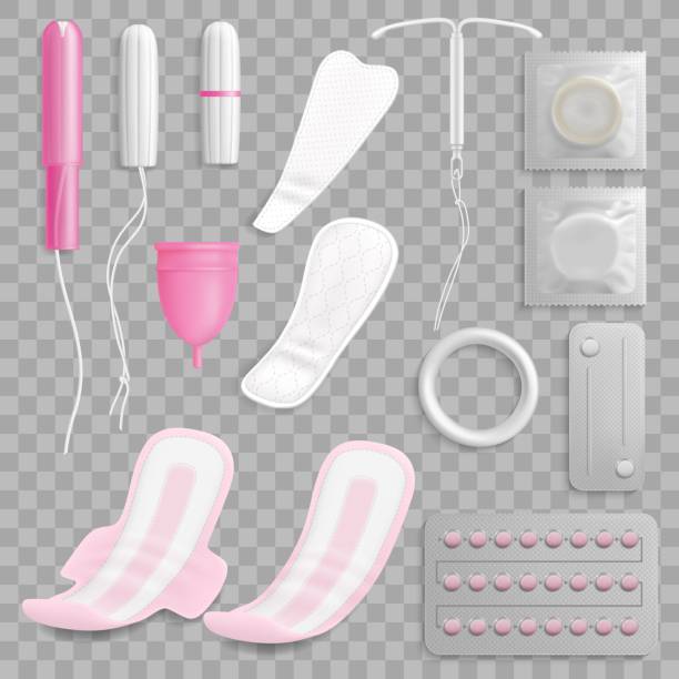 Women hygiene and contraception realistic set Women hygiene and contraception realistic vector set, transparent background. Feminine menstruation sanitary pads or napkins, tampon, menstrual cup, contraceptive pills and condoms, vaginal ring, IUD iud stock illustrations