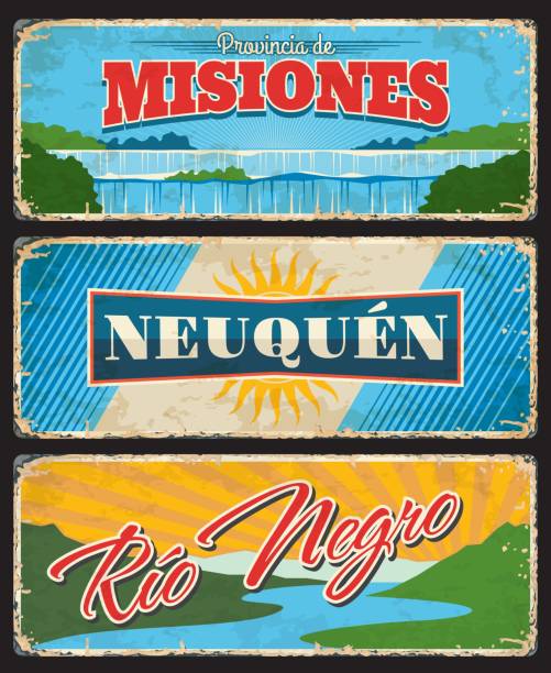 Misiones, Neuquen and Rio Negro, Argentine provinces and regions vector vintage plates. Flag with sun, Iguazu Falls and Nahuel Huapi lake nature landscapes grunge signs and retro stickers design