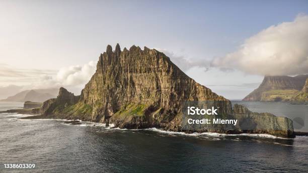 Faroe Islands Tindholmur Rock Island Panorama Tindhólmur Vágar Island Stock Photo - Download Image Now