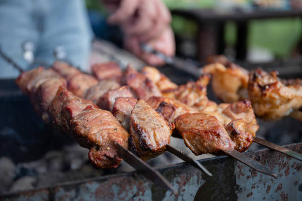 istock BBQ picnic with kebabs and meat on an open fire on a summer day 1338605058