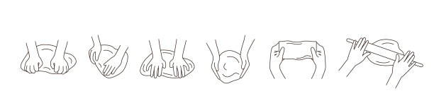 Set of outline kneading dough hands icons. Preparation steps for homemade baking. Making sourdough bread. Instruction for baking recipe. Collection of vector illustrations for cookbook or cooking blog Set of outline kneading dough hands icons. Preparation steps for homemade baking. Making sourdough bread. Instruction for baking recipe. Collection of vector illustration for cookbook or cooking blog rolling dough stock illustrations