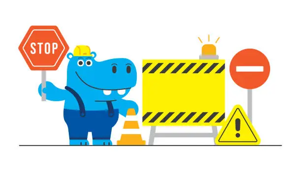 Vector illustration of Work in Progress Road Sign Under Construction Zone Hippo Worker