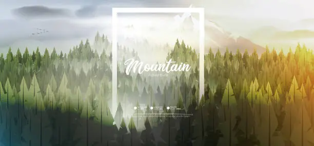 Vector illustration of Camp poster with pine forest, and mountains