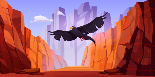 カラスは赤い山と峡谷で飛ぶ - hawk crow bird flying点のイラスト素材／クリップアート素材／マンガ素材／アイコン素材