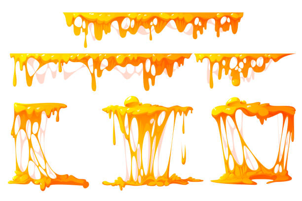 Melted cheese pieces isolated on white background Flowing melted cheese isolated on white background. Vector cartoon borders of hot cheddar, parmesan or holland cheesy slices with holes and molten liquid drops breakfast borders stock illustrations