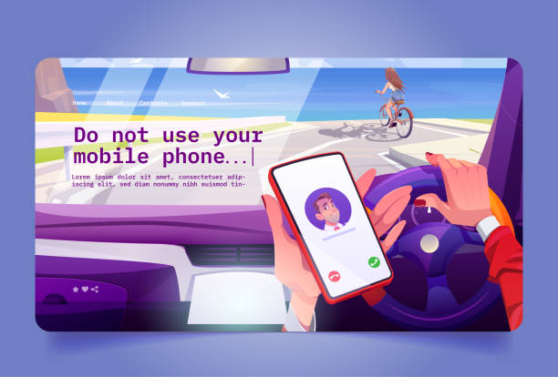 ilustraciones, imágenes clip art, dibujos animados e iconos de stock de no usar el teléfono móvil mientras se conduce - driving car distracted accident