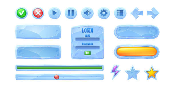 ustaw paski postępu, przyciski gry z lodową teksturą - flash menu stock illustrations