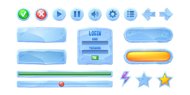 ilustrações de stock, clip art, desenhos animados e ícones de set progress bars, game buttons of ice texture - flash menu illustrations